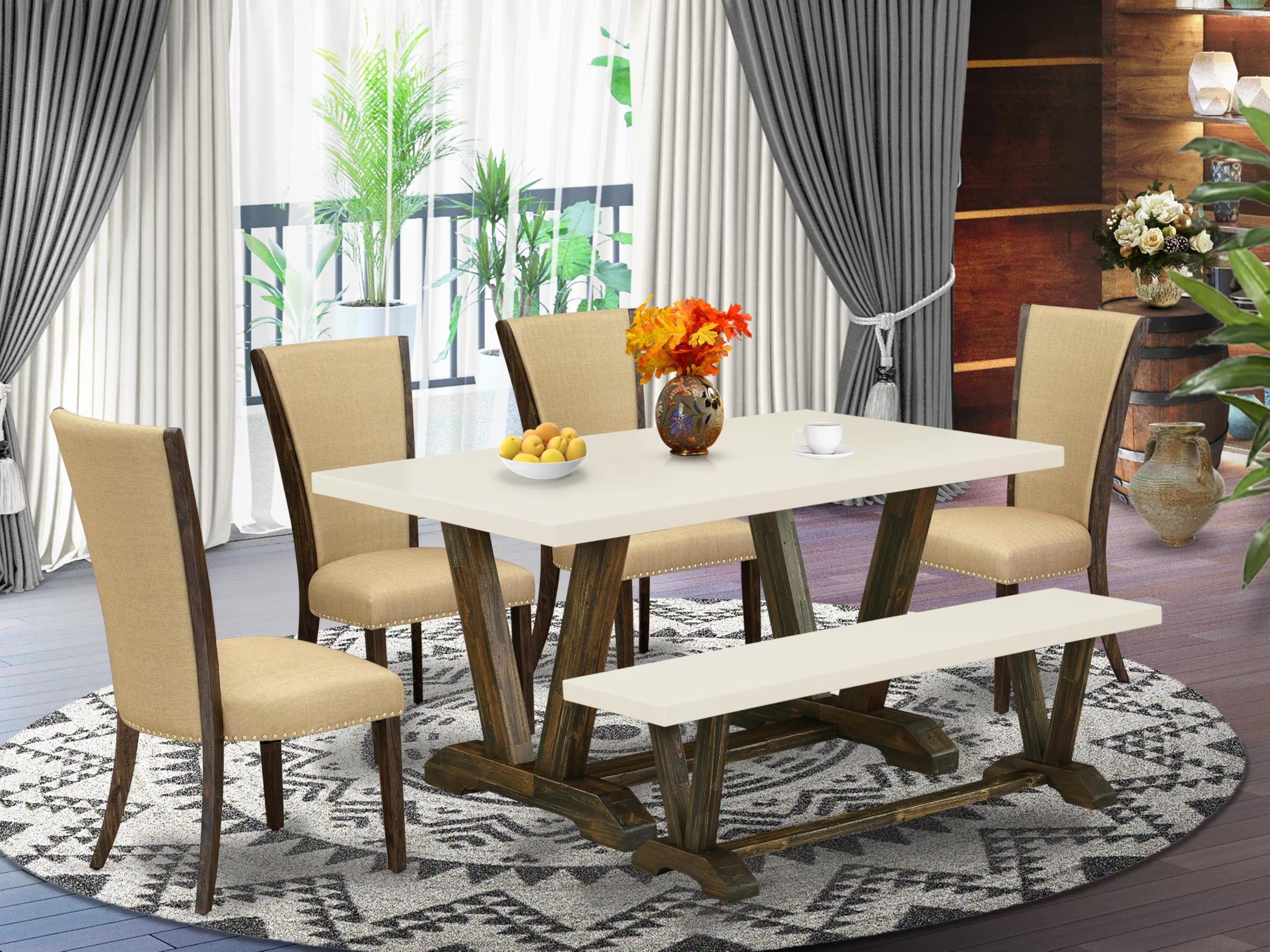 East West Furniture V726VE703-6 6 Piece Dining Table Set Contains a Rectangle Dining Room Table with V-Legs and 4 Brown Linen Fabric Parson Chairs with a Bench, 36x60 Inch, Multi-Color